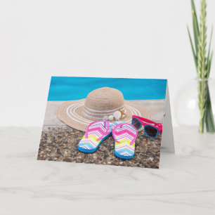 hat and flip flops by pool Mother's Day Card