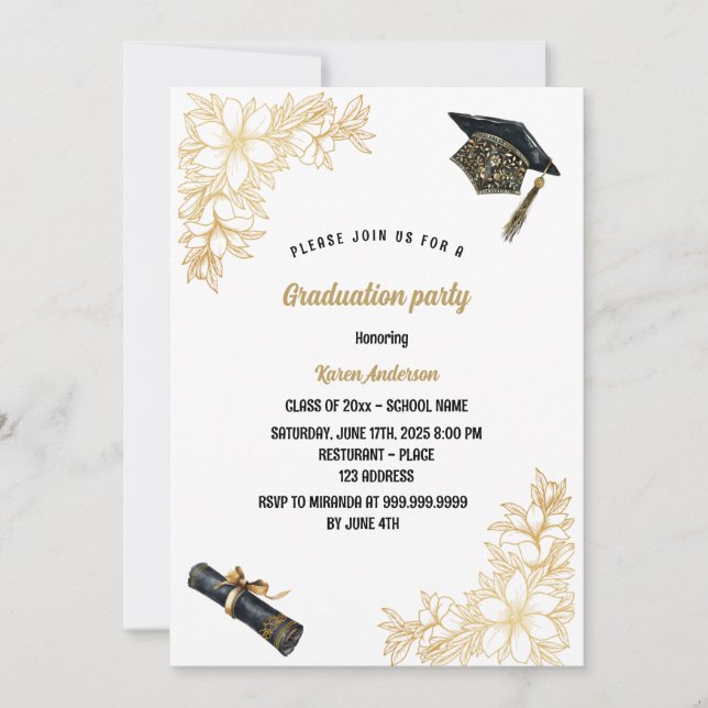 hat Graduation party black and gold    Invitation (Front)