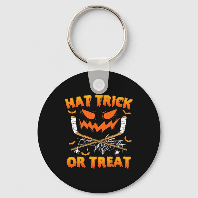 Hat Trick Or Treat Fun Ice Hockey Halloween Costum Keychain (Front)