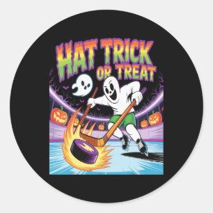 Hat Trick Or Treat Funny Ice Hockey Ghost Hallowee Classic Round Sticker