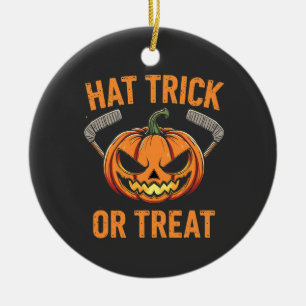 Hat Trick or Treat Spooky Halloween ice Hockey   Ceramic Ornament