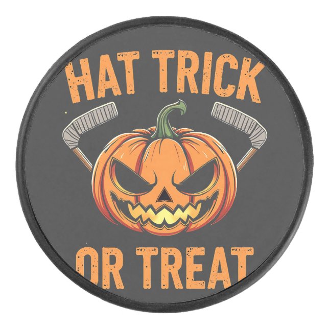 Hat Trick or Treat Spooky Halloween ice Hockey   Hockey Puck (Front)