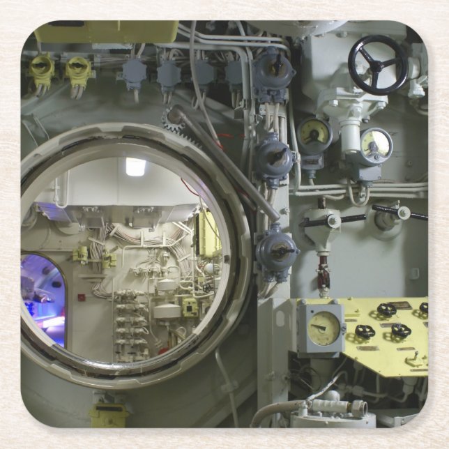 hatch on an old retro submarine square paper coaster (Front)