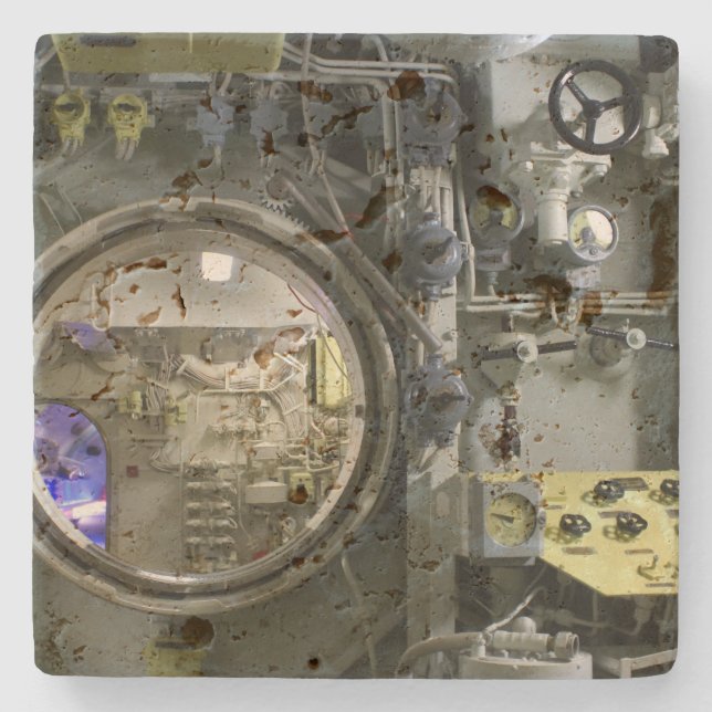 hatch on an old retro submarine stone coaster (Front)