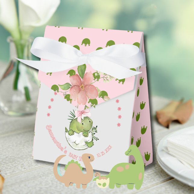 Hatching Dino with Pink Bow Baby Shower  Favor Box (Hatching Dino with Pink Bow Baby Shower Favor Boxes)
