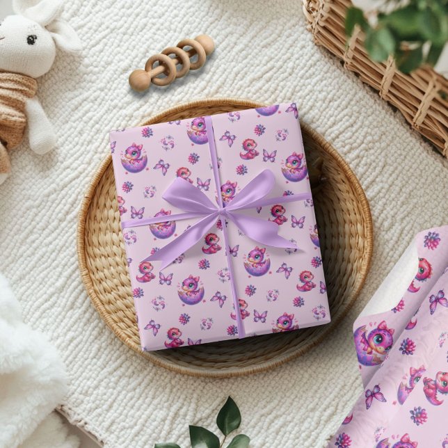 Hatching Soon Baby Pink Dinosaur Baby Shower Wrapping Paper (Baby Shower "Hatching Soon" Lavender Purple Cute Dinosaur Wrapping Paper)