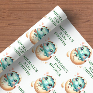 Hatching Soon Blue Dino Baby Shower Wrapping Paper
