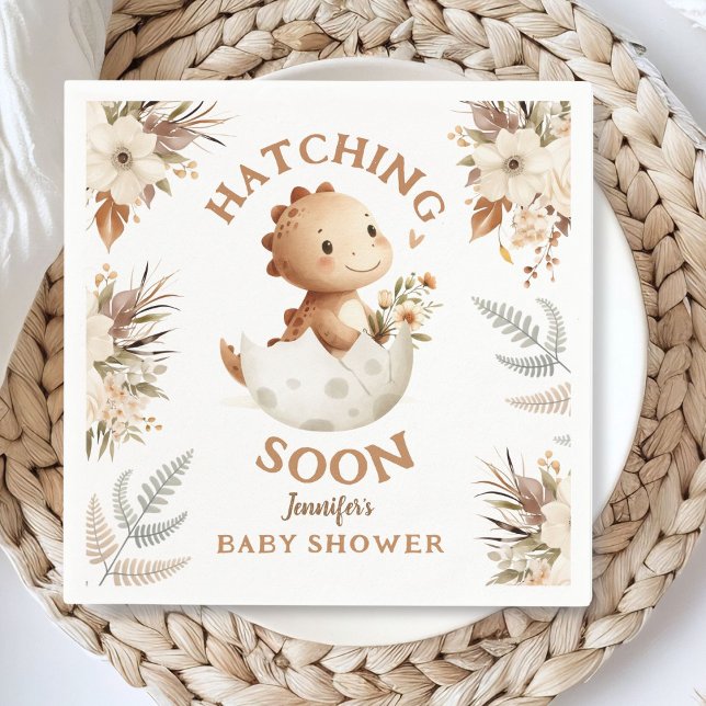 Hatching Soon! Boho Neutral Dinosaur Baby Shower Napkin (Creator Uploaded)