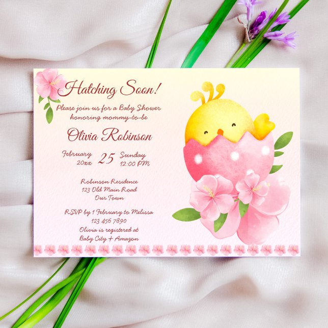 Hatching soon chicken girl pink spring baby shower invitation (Creator Uploaded)
