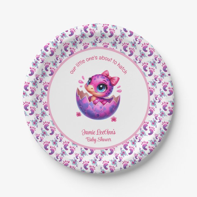 "Hatching Soon" Cute Dinosaur Baby Shower Paper Plate (Front)