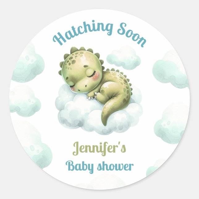 Hatching Soon Cute Dinosaur Blue Boy Baby Shower Classic Round Sticker (Front)
