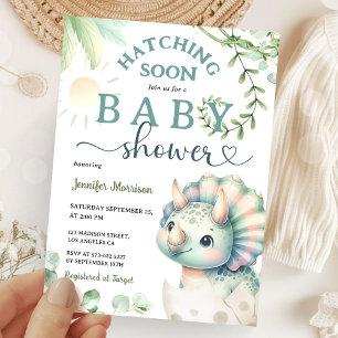 Hatching Soon Dinosaur Baby Shower Girl Pink Green Invitation