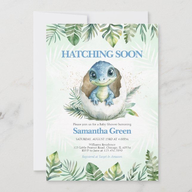  Hatching Soon Dinosaur Baby Shower Invitation (Front)
