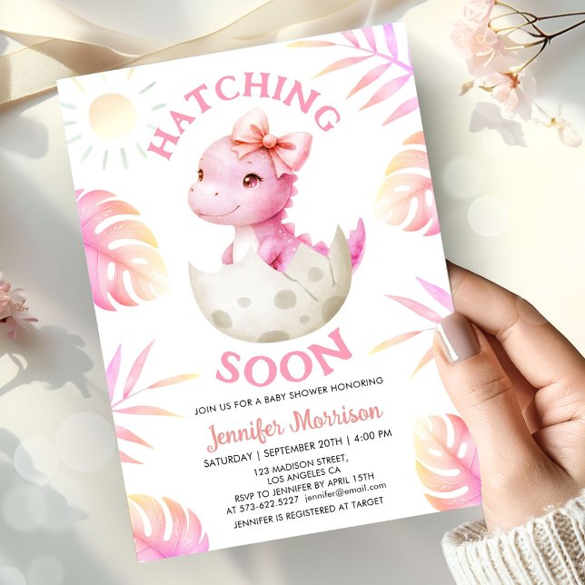 Hatching Soon Girl Dinosaur Baby Shower Cute Pink Invitation (Creator Uploaded)