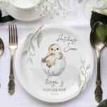 Hatching soon little bird spring baby shower paper plate<br><div class="desc">Hatching soon little bird inside egg spring baby shower personalized tableware  template paper plates. Gender neutral muted Scandinavian colours,  nice for the spring time functions.</div>