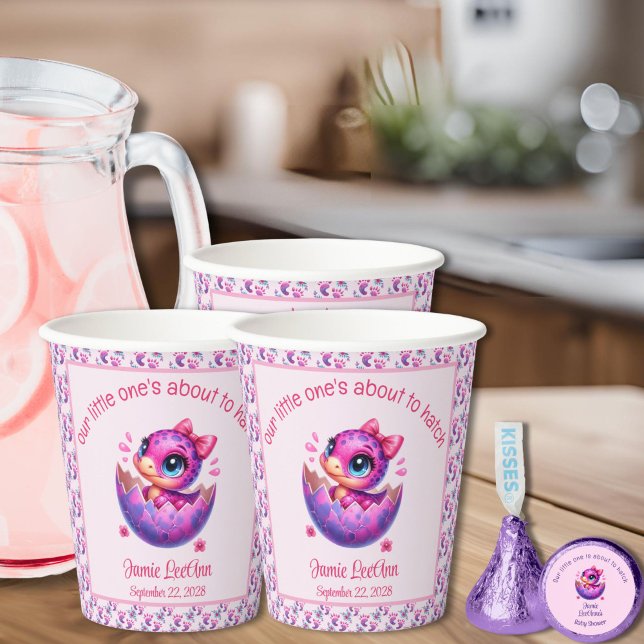 "Hatching Soon" Pink Dinosaur Baby Shower Paper Cups (Pink Baby Girl Hatching Soon Baby Shower Cups, Personalize with Mom-To-Be's Name & Date)