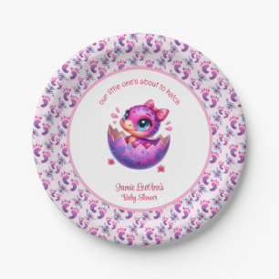 "Hatching Soon" Pink Dinosaur Baby Shower Paper Plate