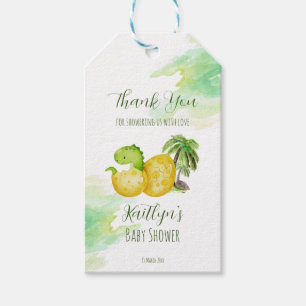 Hatching soon watercolor green baby dinosaur gift tags
