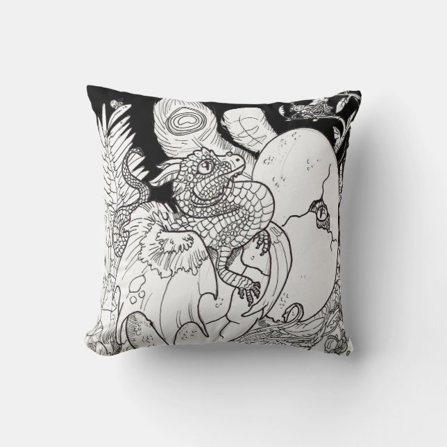 Hatchling Dragon line art ink drawing Throw Pillow (Front)