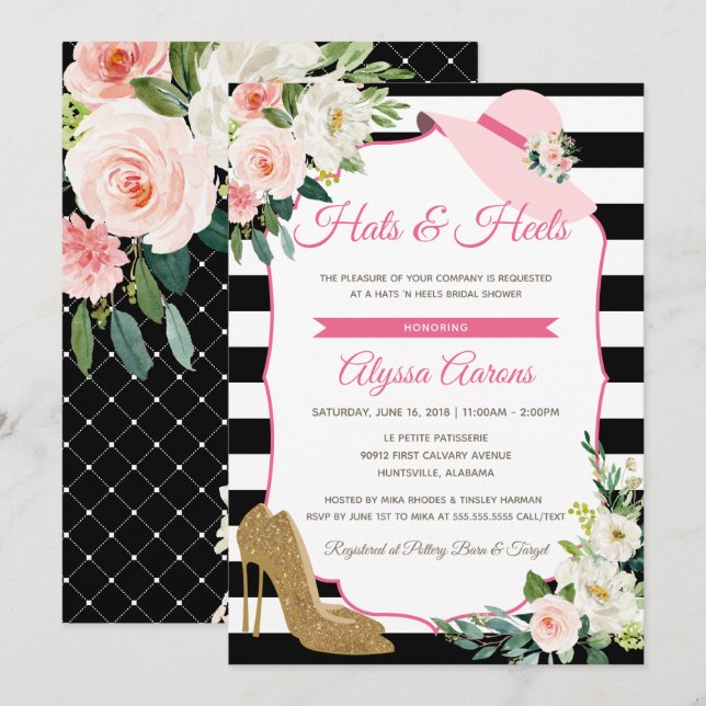 Hats & Heels Derby Black Pink Bridal Shower Floral Invitation (Front/Back)