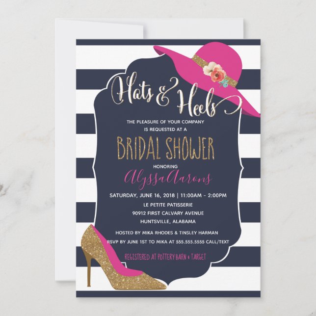 Hats & Heels Navy Blue Pink Bridal Shower Invitation (Front)