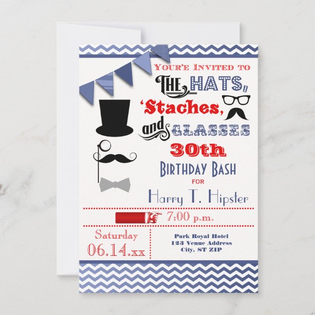 Hats, Moustaches, and Glasses 30th Birthday Invite (Front)