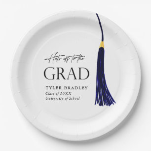 Hats Off To Grad Blue & Gold Tassel Graduation Paper Plate