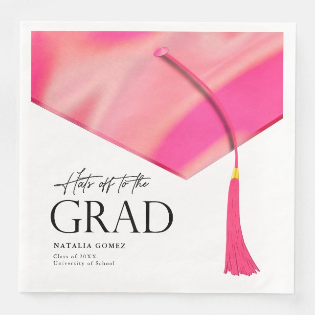 Hats Off To Grad Holographic Pink Gold Graduation Napkin (Front)
