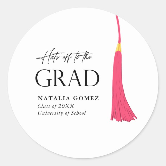 Hats Off To Grad Pink & Gold Tassel Graduation Classic Round Sticker (Front)
