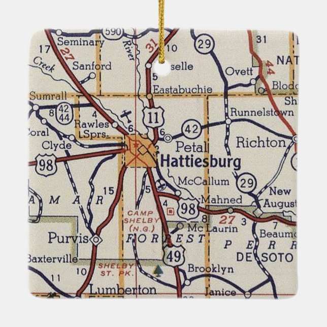 Hattiesburg MS Vintage Map Ceramic Ornament (Back)