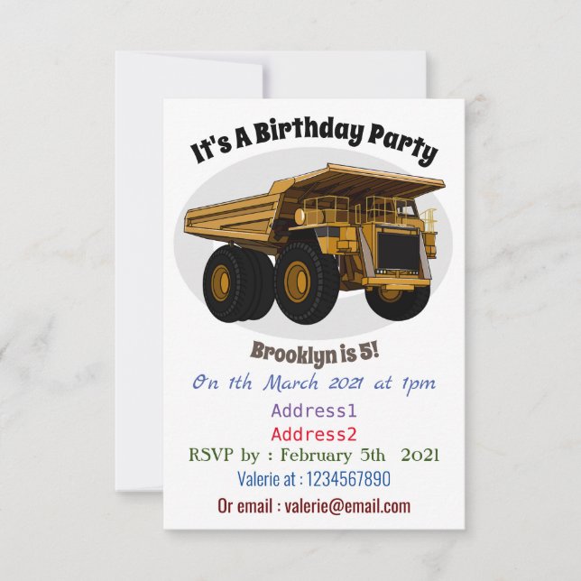 Haul truck cartoon illustration invitation (Front)