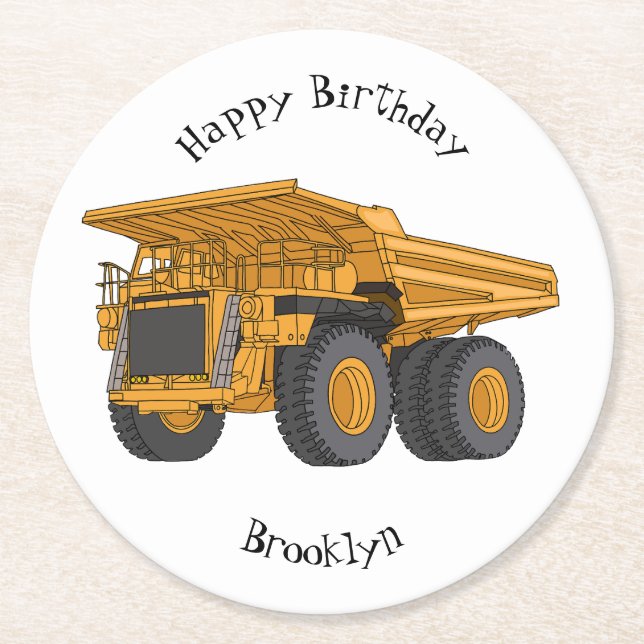 Haul truck cartoon illustration round paper coaster (Front)