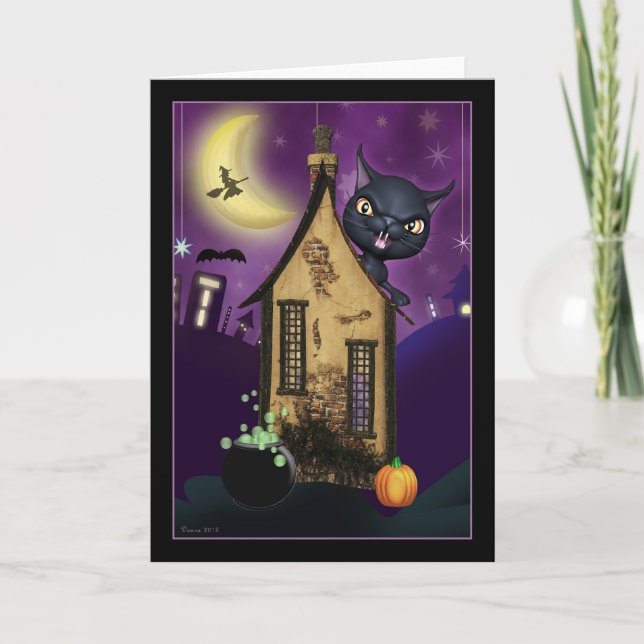 Haunted Black Cat Witch House Blank Greeting Card (Front)