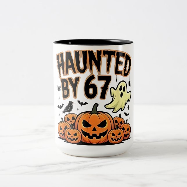 Haunted by 67 – Funny Ghost and Pumpkin Halloween  Two-Tone Coffee Mug (Center)
