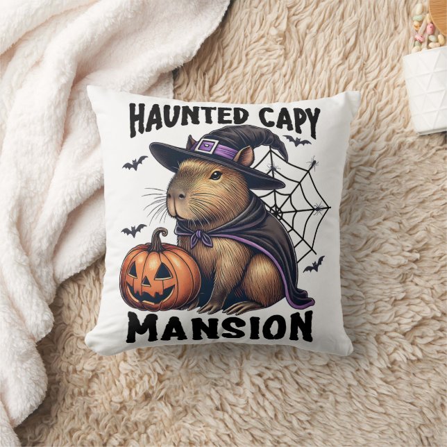 Haunted Capy Mansion Capybara Halloween Throw Pillow (Blanket)