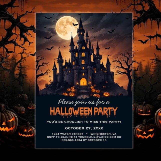 Haunted Castle Bats Trees Spooky Halloween Party Invitation (Creator Uploaded)
