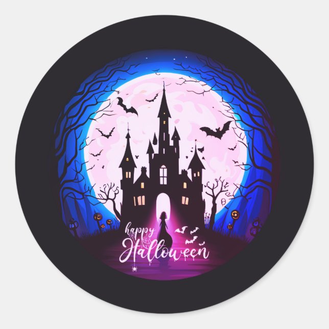 Haunted Castle Happy Halloween Creepy Classic Round Sticker (Front)