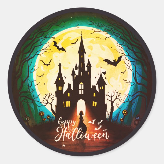Haunted Castle Happy Halloween Creepy Classic Round Sticker (Front)