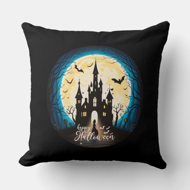 Haunted Castle Happy Halloween Creepy Throw Pillow (Front)