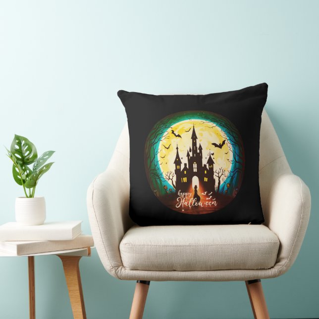 Haunted Castle Happy Halloween Creepy Throw Pillow (Chair)