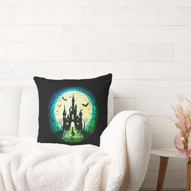 Haunted Castle Happy Halloween Creepy Throw Pillow (Couch)