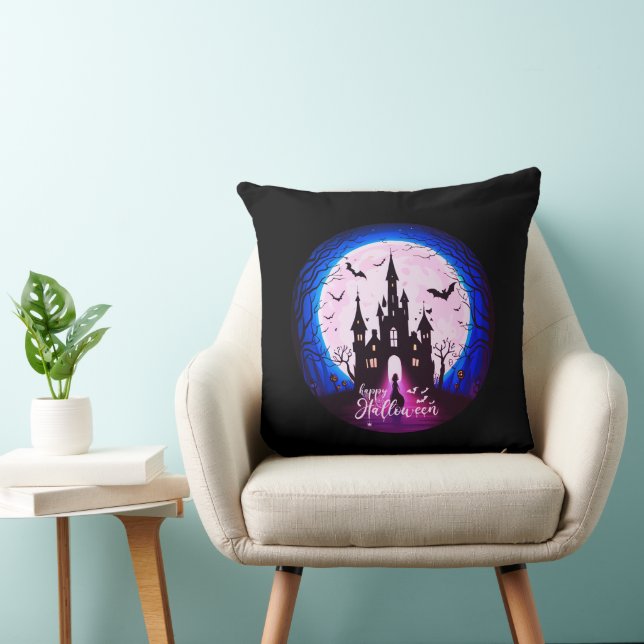 Haunted Castle Happy Halloween Creepy Throw Pillow (Chair)