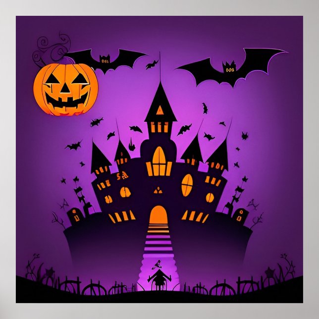 Haunted Castle Pumpkins Bats Halloween Poster (Front)