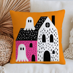 Haunted Castle with Ghosts Dotted Halloween Throw Pillow