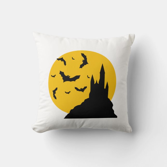 Haunted Castle with Moon and Bats Throw Pillow (Front)