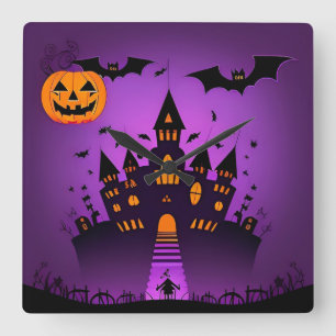 Haunted Castle With Pumpkins Bats Square Wall Clock