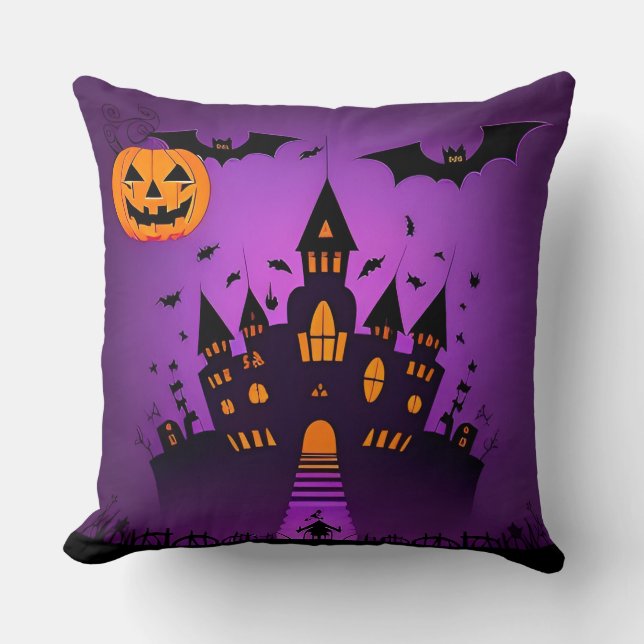 Haunted Castle With Pumpkins Bats Throw Pillow (Front)