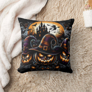 Haunted castle with spooky pumpkins throw pillow