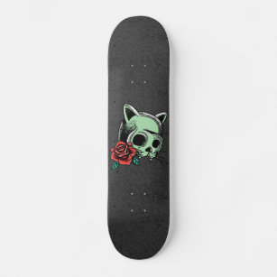 Haunted Cat Floral Skull Modern Cool Gothic Black Skateboard
