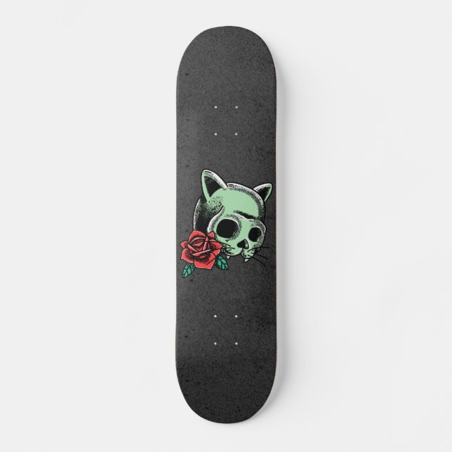 Haunted Cat Floral Skull Modern Cool Gothic Black Skateboard (Front)